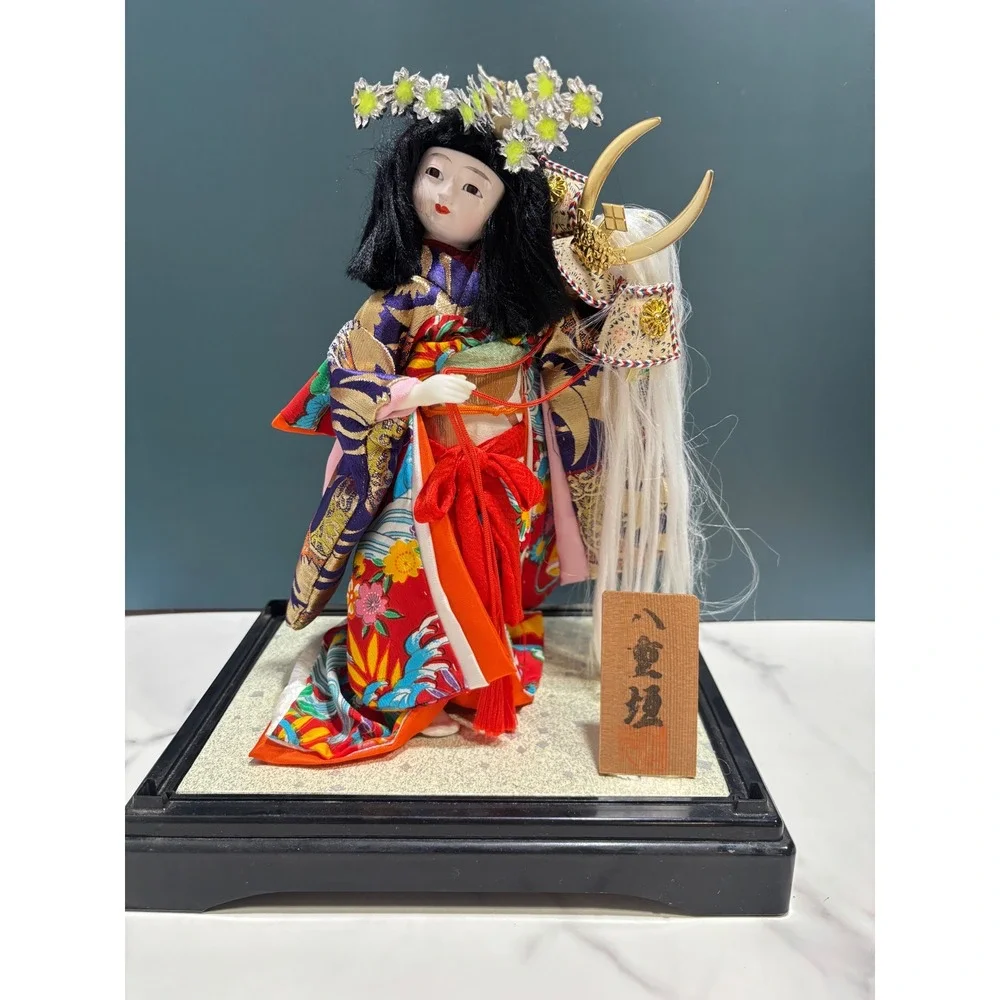 Vintage Japanese Geisha Doll Silk Kimono Kabuki Figure with Helmet 10.5 Inch